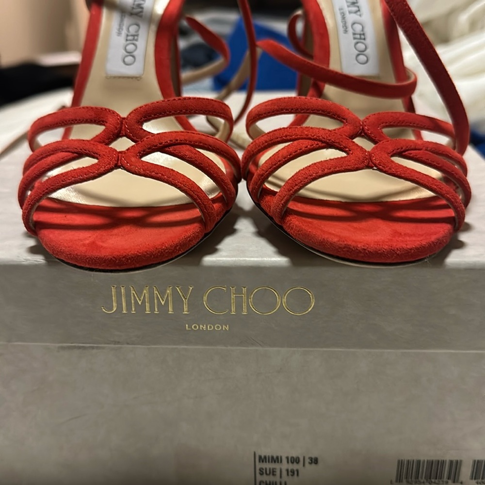 Jimmy Choo brand, meet Mimi,  100mm heel size 8 color is 🌶️ Chili.